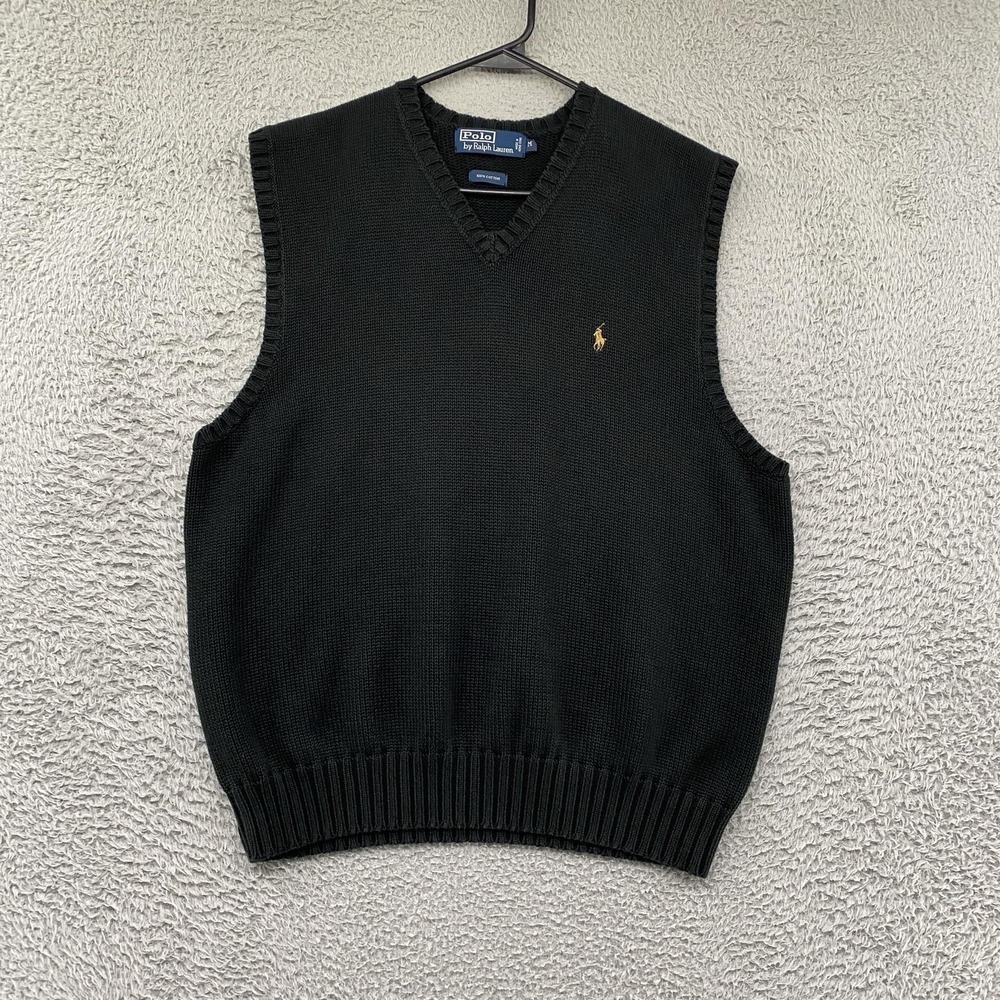 Polo Ralph Lauren Sweater Vest Mens Medium Black Cotton V Neck Logo Old Money